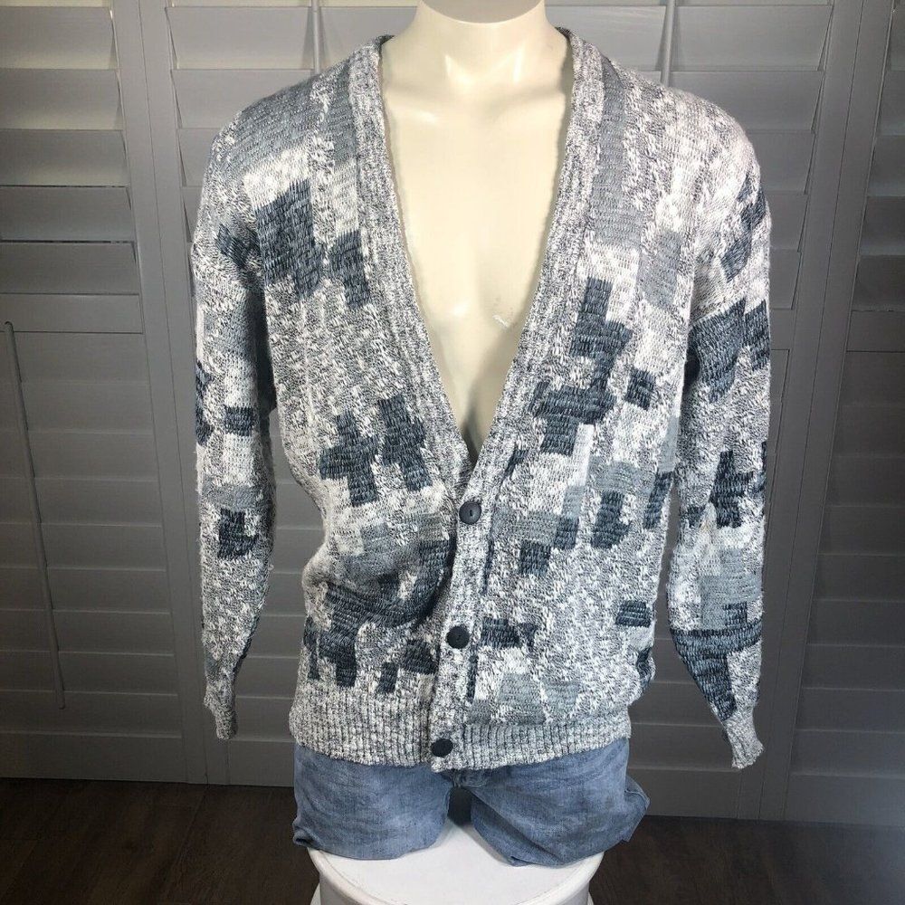 Vtg 90s Men's Michael Gerald Cardigan Acrylic Sweater M Gray White Blue Grandpa